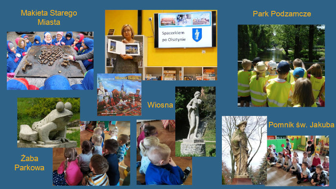 Na niebieskim tle zamieszczono kolaż przedstawiający dzieci uczestniczące w zajęciach online oraz wybrane zabytki Olsztyna.