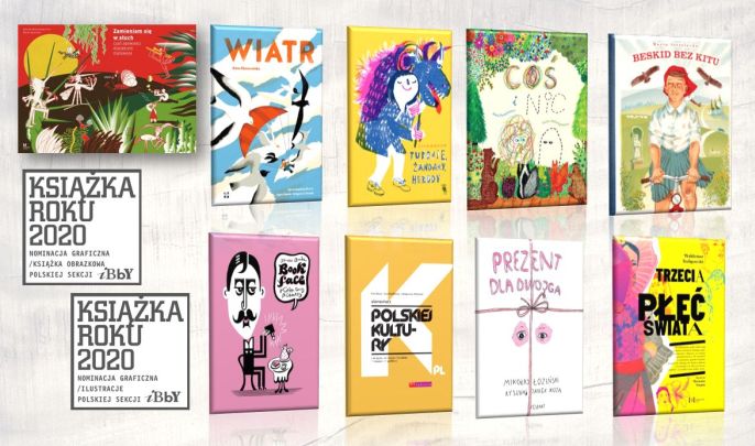 Okładki dziesięciu książek twórców nominowanych do nagrody graficznej Książka Roku 2020 Polskiej Sekcji IBBY oraz dwa loga Książka Roku 2020