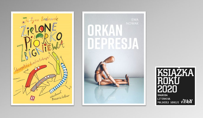 Okładki dwóch książek autorów nagrodzonych nagrodą literacką w konkursie Książka Roku 2020 Polskiej Sekcji IBBY oraz logo Książka Roku 2020.