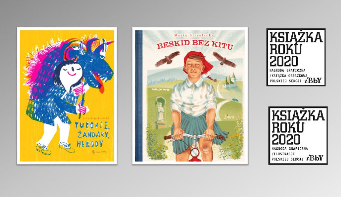 Okładki dwóch książek twórców nagrodzonych nagrodą graficzną w konkursie Książka Roku 2020 Polskiej Sekcji IBBY oraz logo Książka Roku 2020.