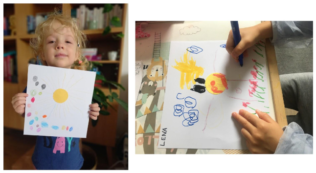 Kolaż z dwóch zdjęć, na którym dziewczynka pokazuje do obiektywu ilustrację oraz praca podczas tworzenia.
