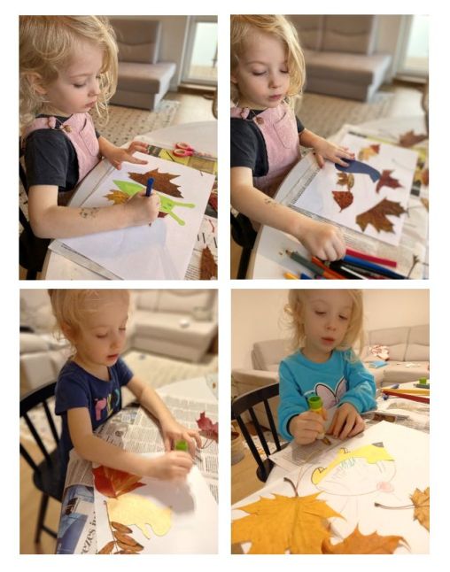 Kolaż z czterech zdjęć, na których jest widoczna dziewczynka podczas wykonywania obrazków z liści i papierowych szablonów