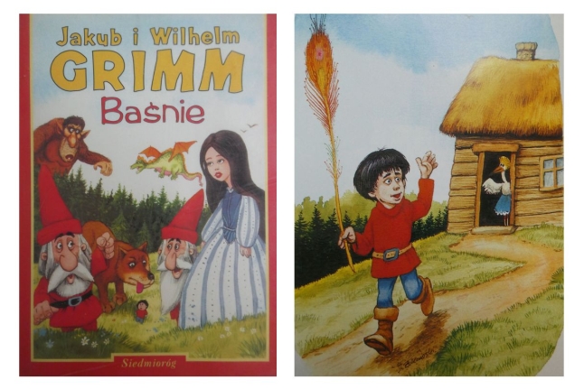 Kolaż okładki i ilustracji z książki „Baśnie” Jacoba i Wilhelma Grimm