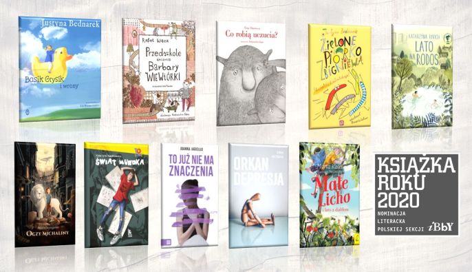 Okładki dziesięciu książek autorów nominowanych do nagrody literackiej Książka Roku 2020 Polskiej Sekcji IBBY oraz logo Książka Roku 2020