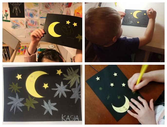 Kolaż czterech zdjęć, na których widać dwie gotowe prace plastyczne dzieci oraz dwoje dzieci podczas rysowania kredkami na czarnej kartce papieru.