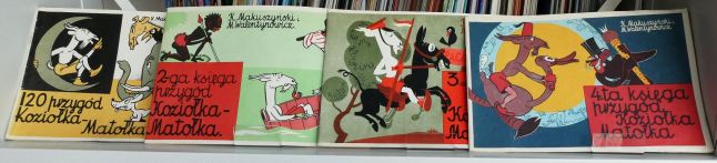 Okładki książek czterech części przygód Koziołka Matołka wydanych przez Wydawnictwo Literackie w latach 1986-1987