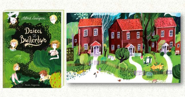 Okładka książki „Dzieci z Bullerbyn” wydanej przez Naszą Księgarnię w 2016 roku oraz ilustracja przestawiająca trzy domy pochodząca z książki