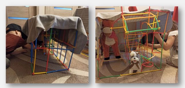 Kolaż z dwóch zdjęć dwójki dzieci, które wykonują budowle ze słomek konstrukcyjnych