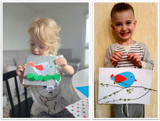 Kolaż z dwóch zdjęć dzieci, dziewczynki po lewej i chłopca po prawej, które trzymają w dłoniach kolorowe obrazki przedstawiające ptaszki wykonane z papieru.
