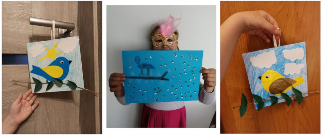 Kolaż z trzech zdjęć, po lewej kolorowy obrazek przedstawiający ptaszka z papieru wisi na klamce, w środku dziewczynka w masce trzyma w dłoniach obrazek przedstawiający ptaszka, z prawej widać fragment ręki trzymające obrazek ptaszka.