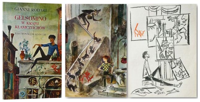 Okładka książki, ilustracja i grafika do książki „Gelsomino w Kraju Kłamczuchów” zilustrowane przez J. M. Szancera, z 1962 r.