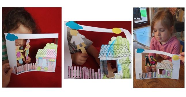 Kolaż z trzech zdjęć, na których dzieci bawią się w domowy teatrzyk wykonany z ozdobionej kredkami i wycinankami kartki papieru oraz dwóch laleczek ze sklejki