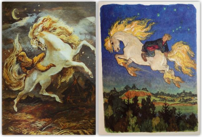 Dwie ilustracje przedstawiające białego konia ze złotą grzywą z jeźdźcem,  z książki „Konik Garbusek” – od lewej ilustracja Jana Marcina Szancera, z prawej ilustracja Mikołaja Koczergina
