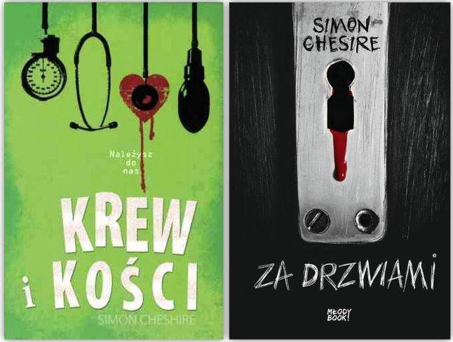 W ramce dwa różne wydania tej samej powieści dla młodzieży: po lewej stronie - okładka książki pt. „Krew i kości”, po prawej pt. „Za drzwiami”