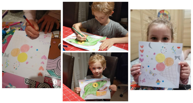 Kolaż z czterech zdjęć, na którym chłopiec rysuje dinozaura, a dziewczynka lody w rożku.