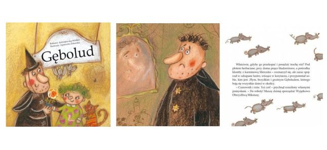 Kolaż złożony z okładki książki „Gębolud” autorstwa Roksany Jędrzejewskiej-Wróbel oraz ilustracji z książki