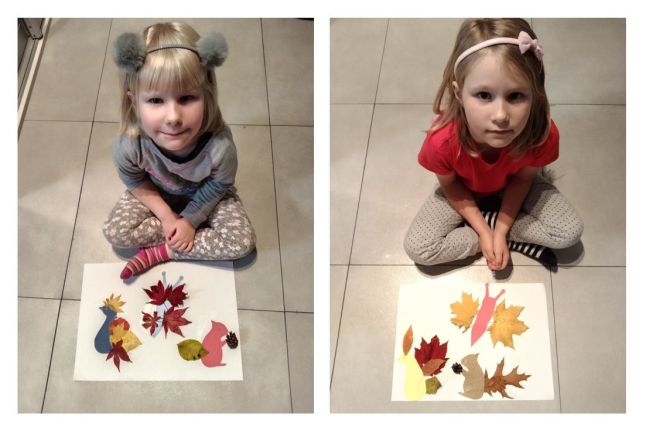 Kolaż z dwóch zdjęć, na których są dwie dziewczynki siedzące na podłodze przed obrazkami wykonanymi z kolorowych liści oraz papierowych szablonów