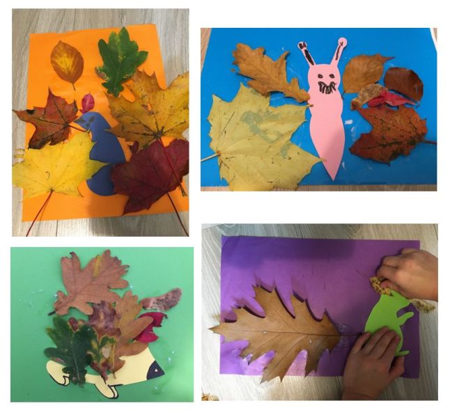 Kolaż z czterech zdjęć obrazków, wykonanych na kolorowych kartkach z liści oraz papierowych szablonów, przedstawiających kolejno: pawia, motyla, jeża i wiewiórkę