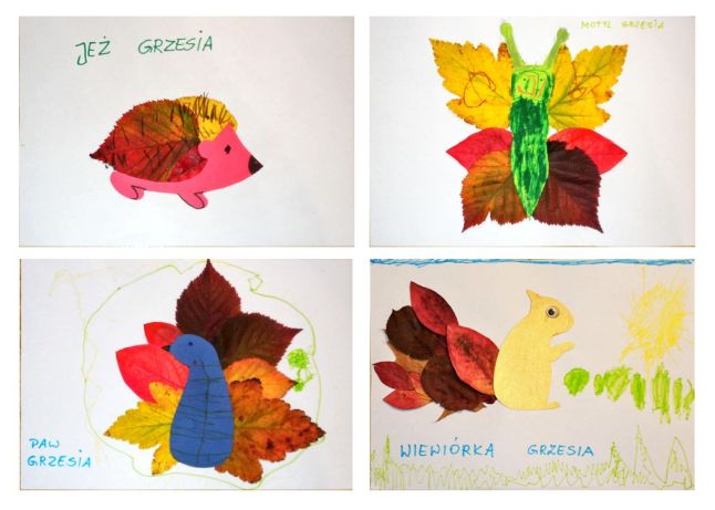 Kolaż składający się z czterech zdjęć obrazków, wykonanych na białych kartkach z kolorowych liści oraz papierowych szablonów, przedstawiających kolejno: jeża, motyla, pawia i wiewiórkę