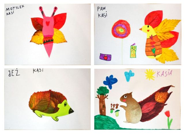 Kolaż składający się z czterech zdjęć obrazków, wykonanych na białych kartkach z kolorowych liści oraz papierowych szablonów, przedstawiających kolejno: motyla, pawia, jeża i wiewiórkę
