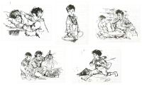Kolaż z pięciu zdjęć ilustracji graficznych do książki „Rasmus i włóczęga” z 1991 r.