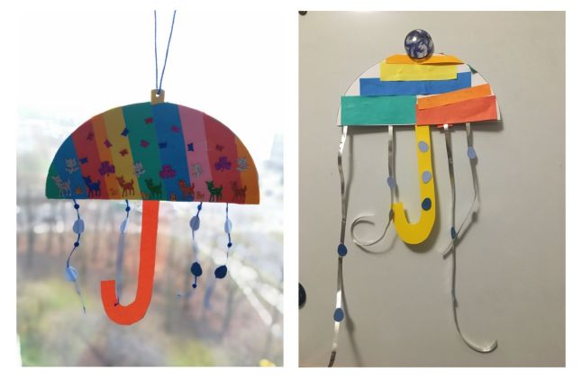 Kolaż dwóch zdjęć, które pokazują wykonane papierowe parasole z naklejonymi elementami z kolorowego papieru
