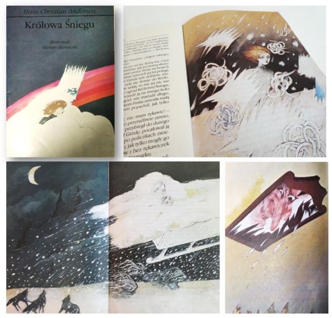Kolaż z trzech ilustracji i okładki książki „Królowa Śniegu” z 1988 r.