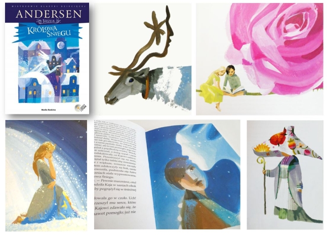Kolaż z pięciu ilustracji i okładki książki „Królowa Śniegu” z 2009 r.