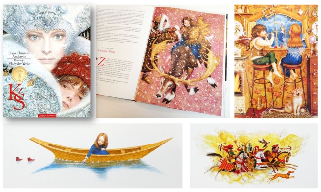 Kolaż z czterech ilustracji i okładki książki „Królowa Śniegu” z 2012 r.