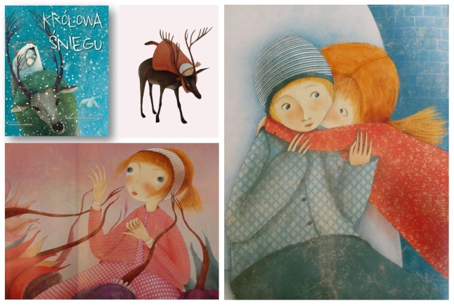 Kolaż z trzech ilustracji i okładki książki „Królowa Śniegu” z 2015 r.