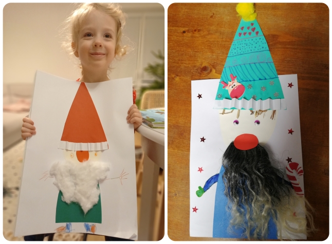 Kolaż dwóch zdjęć: na zdjęciu po lewej dziewczynka pokazuje portret skrzata wykonanego przez siebie z papieru, a na zdjęciu po prawej widać wykonany z papieru portret skrzata