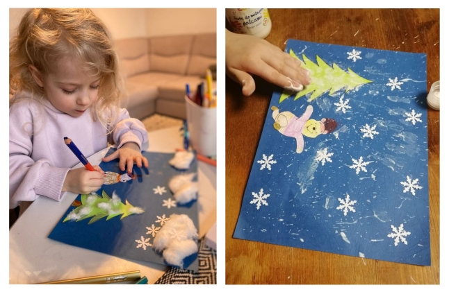 Kolaż z dwóch zdjęć: po lewej dziewczynka koloruje kredką obrazek, po prawej widać obrazek i dłoń dziecka ubrudzoną białą farbą