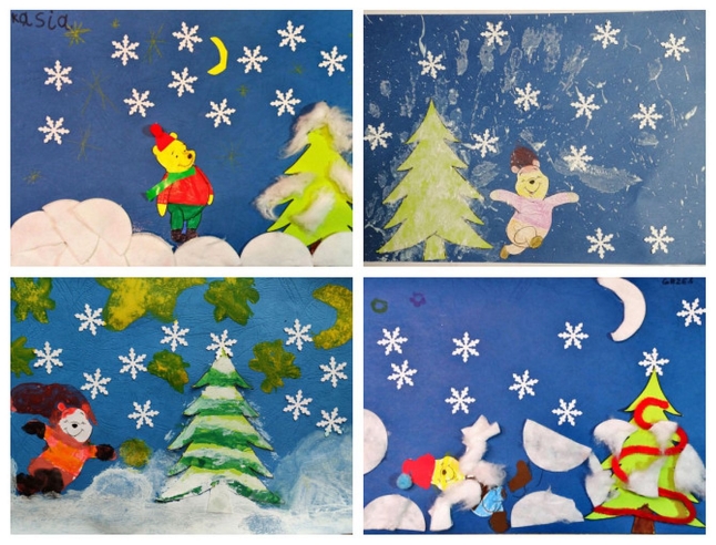 Kolaż z czterech zdjęć obrazków o tematyce zimowej, na których widać postać Kubusia Puchatka, śnieżynki, zielone drzewko, naklejone na niebieską kartkę
