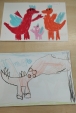 Dwie ilustracje wykonane przez dzieci przedstawiające smoki