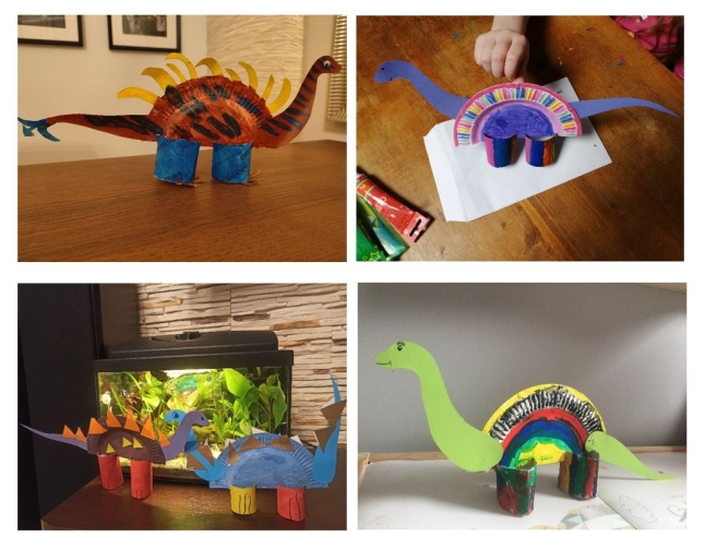 Kolaż czterech zdjęć przedstawiających dinozaury wykonane przez dzieci z kartonu, papierowych talerzyków i rolek, i pomalowanych