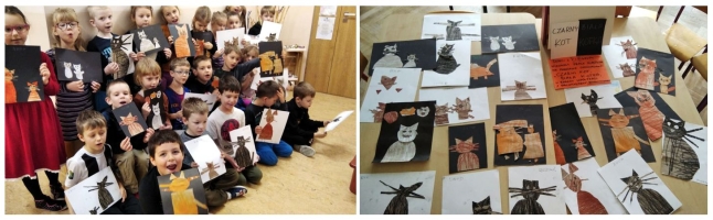 Kolaż dwóch zdjęć dzieci z PM 13 i grupa prezentująca wykonane prace