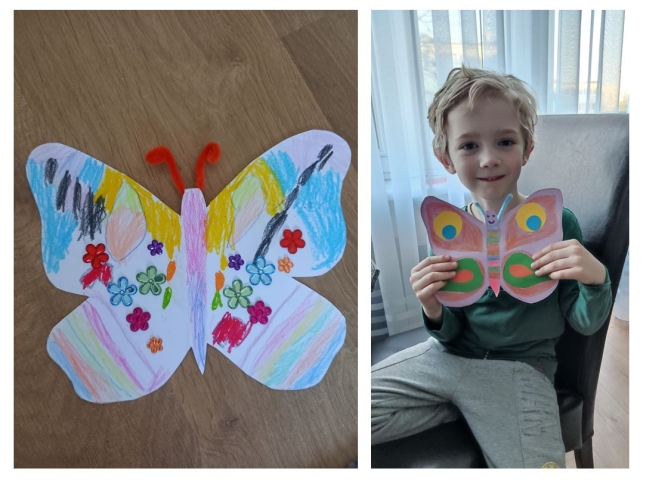 Kolaż dwóch zdjęć – po lewej papierowy motyl pokolorowany kredkami, po prawej chłopiec trzyma w dłoniach papierowego motyla, pokolorowanego i ozdobionego wycinankami