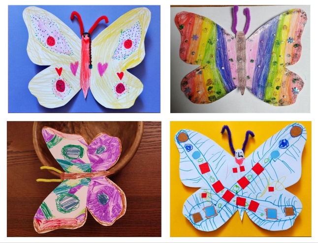 Kolaż czterech zdjęć prezentujących papierowe motyle ozdobione kredkami, wycinankami z papieru i brokatem