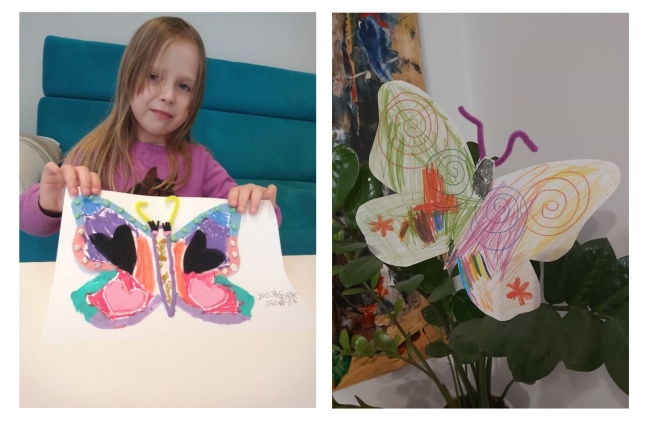Kolaż dwóch zdjęć – po lewej dziewczynka trzyma w dłoniach kartkę z kolorowym motylem wyklejonym plasteliną, po prawej papierowy motyl pokolorowany kredkami
