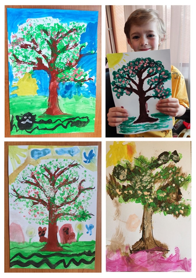 Kolaż czterech zdjęć obrazków namalowanych przez dzieci przedstawiających wiosenne drzewo