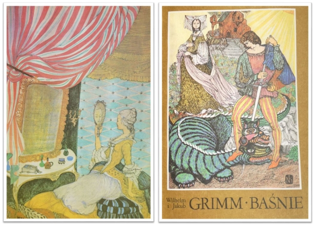 Kolaż: okładka książki „Baśnie” braci Grimm oraz ilustracja do baśni „Królewna Śnieżka”