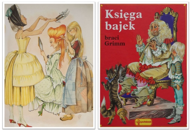 Kolaż: okładka książki „Księga bajek braci Grimm” oraz ilustracja do baśni „Kopciuszek”