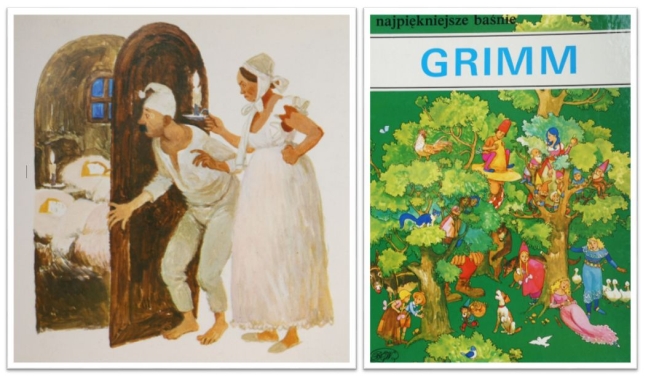 Kolaż: okładka książki „Najpiękniejsze baśnie, najwięksi bajkopisarze. Grimm” oraz ilustracja do baśni „Jaś i Małgosia”