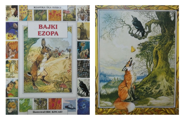 Kolaż okładki i ilustracji z książki „Bajki Ezopa”