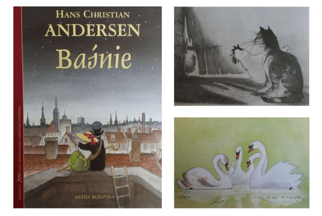 Kolaż okładki i dwóch ilustracji z książki „Baśnie” Hansa Christiana Andersena