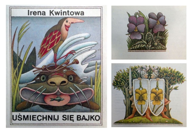 Kolaż okładki książki pt. „Uśmiechnij się bajko” Ireny Kwintowej i dwóch ilustracji z książki