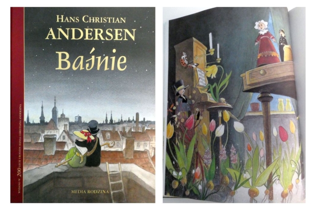 Kolaż okładki baśni H. Ch Andersena i ilustracji z książki