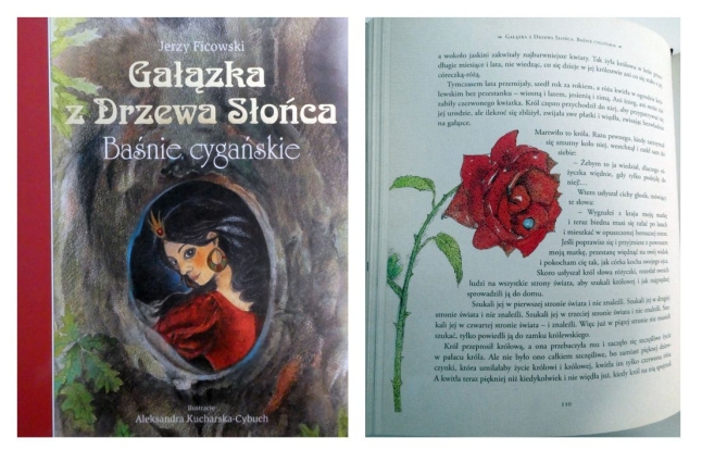 Kolaż okładki baśni cygańskich Jerzego Ficowskiego i ilustracji z książki