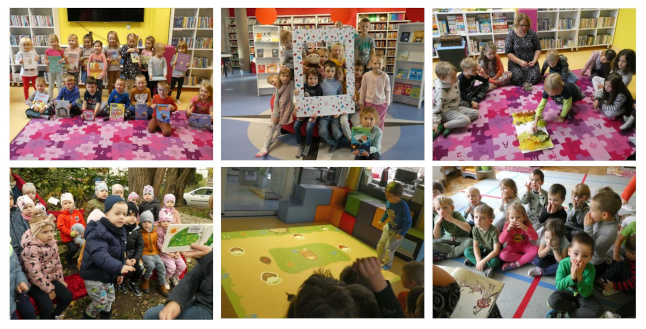 Kolaż sześciu zdjęć przedstawiających dzieci uczestniczące w zajęciach w bibliotece podczas słuchania tekstu i zabaw ruchowych.”