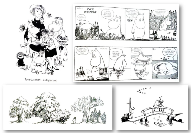 Kolaż rysunków z książek o Muminkach
